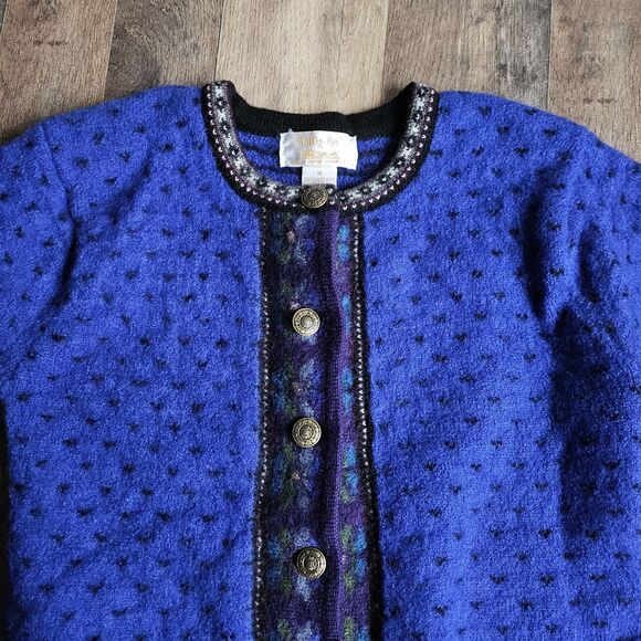 Women Vintage Tally Ho Blue Black 100% Wool Cardigan Sweater Nordic Tag Size M - Picture 5 of 7